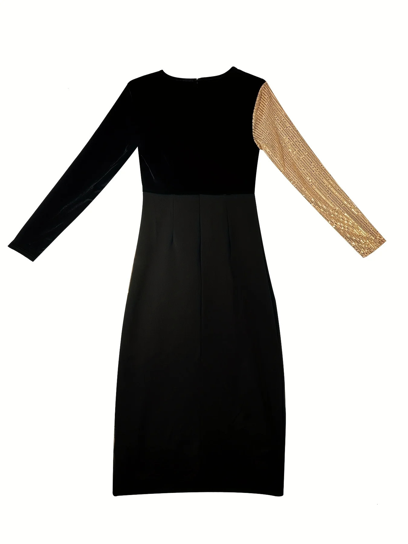 Plus Size Womens Elegant Black and Gold Sequined Maxi Dress Deep V Neck Long Sleeves Side Slits Polyester Knit Fabric 250506