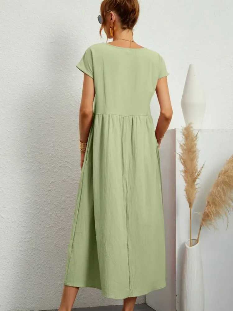 Womens Casual White Short Sleeve Midi Dress Summer Round Neck Cotton And Linen Vintage Loose Long Dresses With Pockets Y2KXJ250514