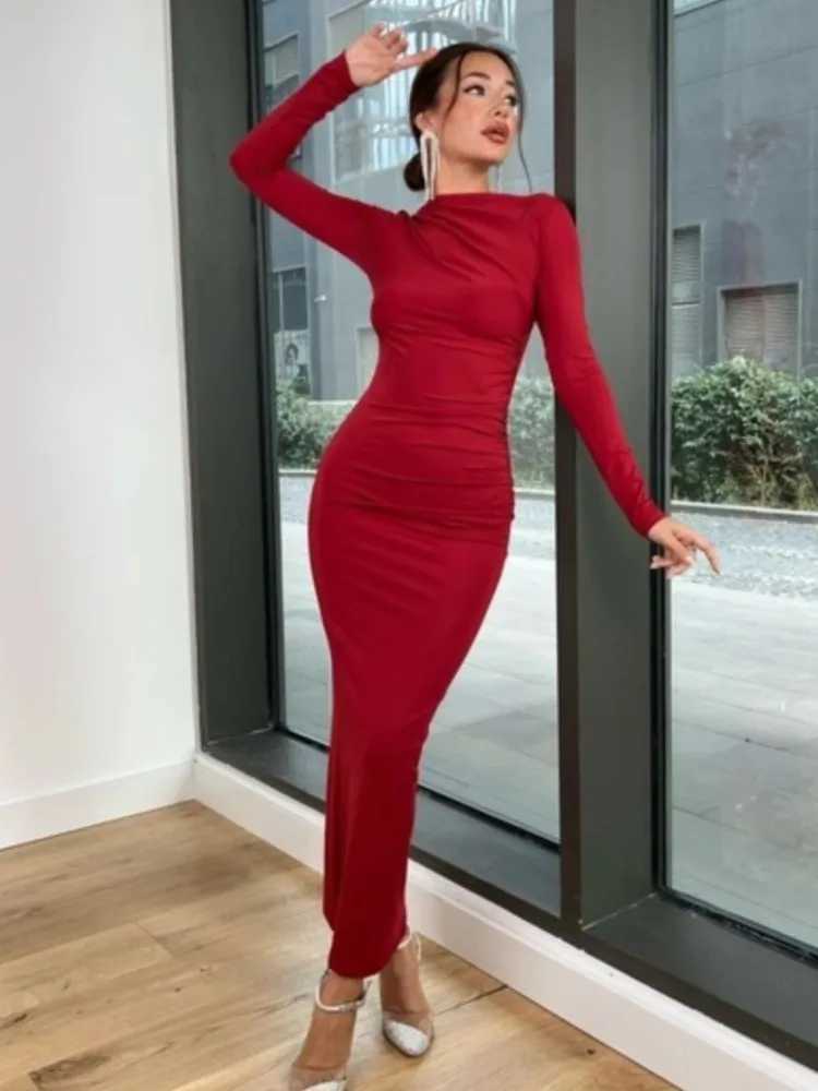 Y2k Solid Color Bodycon Party Long Dress Long Sleeve Package Hip Slim Folds Maxi Dresses For Women Elegant Dresses For WomenXJ250514
