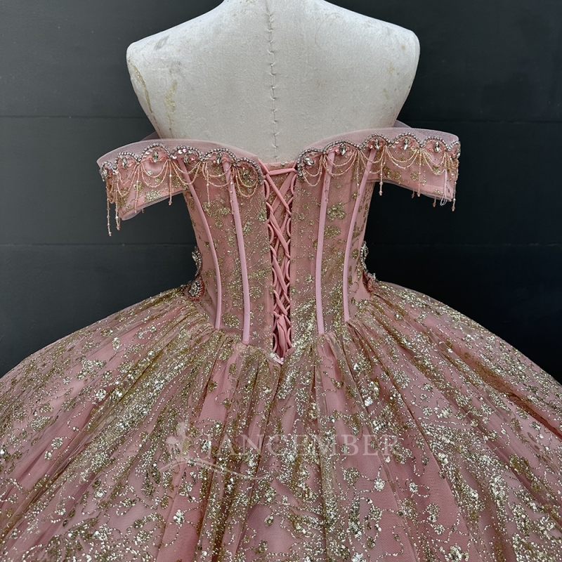 Pink Quinceanera Dresses Off Shoulder Ball Gown Sweet 16 Dress Sequin Gold Applique Lace Beading Tull Birthday Party Vestidos 15 De Anos