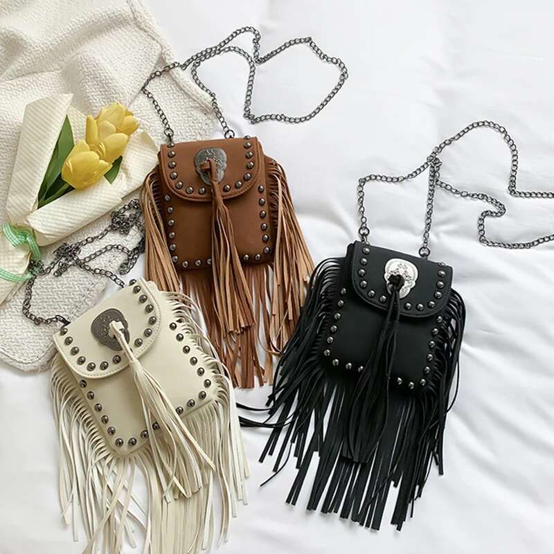 Punk Tassel Riveted Leather Shoulder Bag For Women Europe And America Wallet Travel