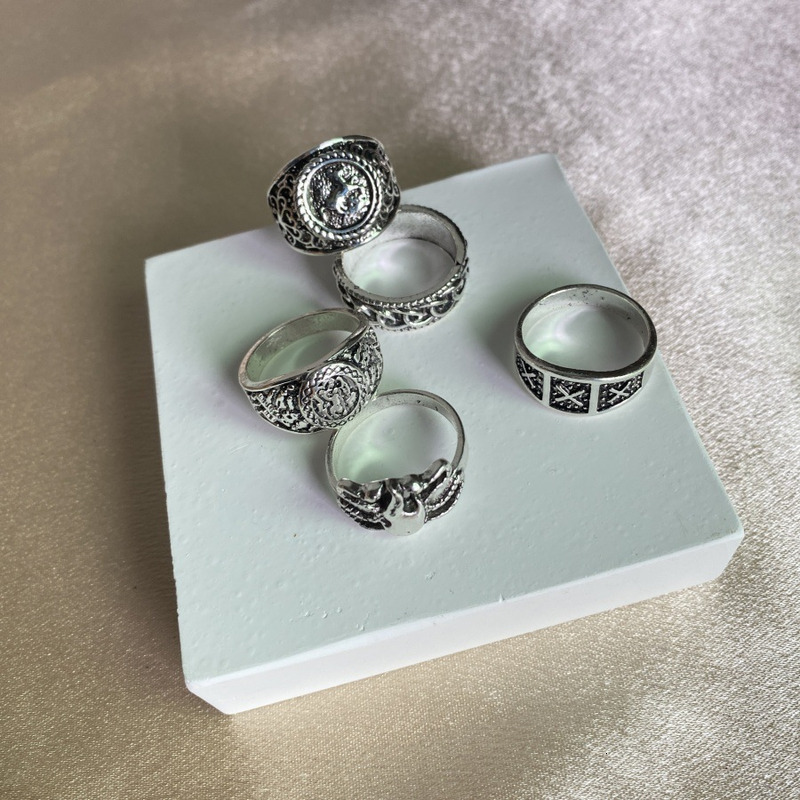 Trendy Metal Style Design Totem Geometry Couple Ring 5-piece Set
