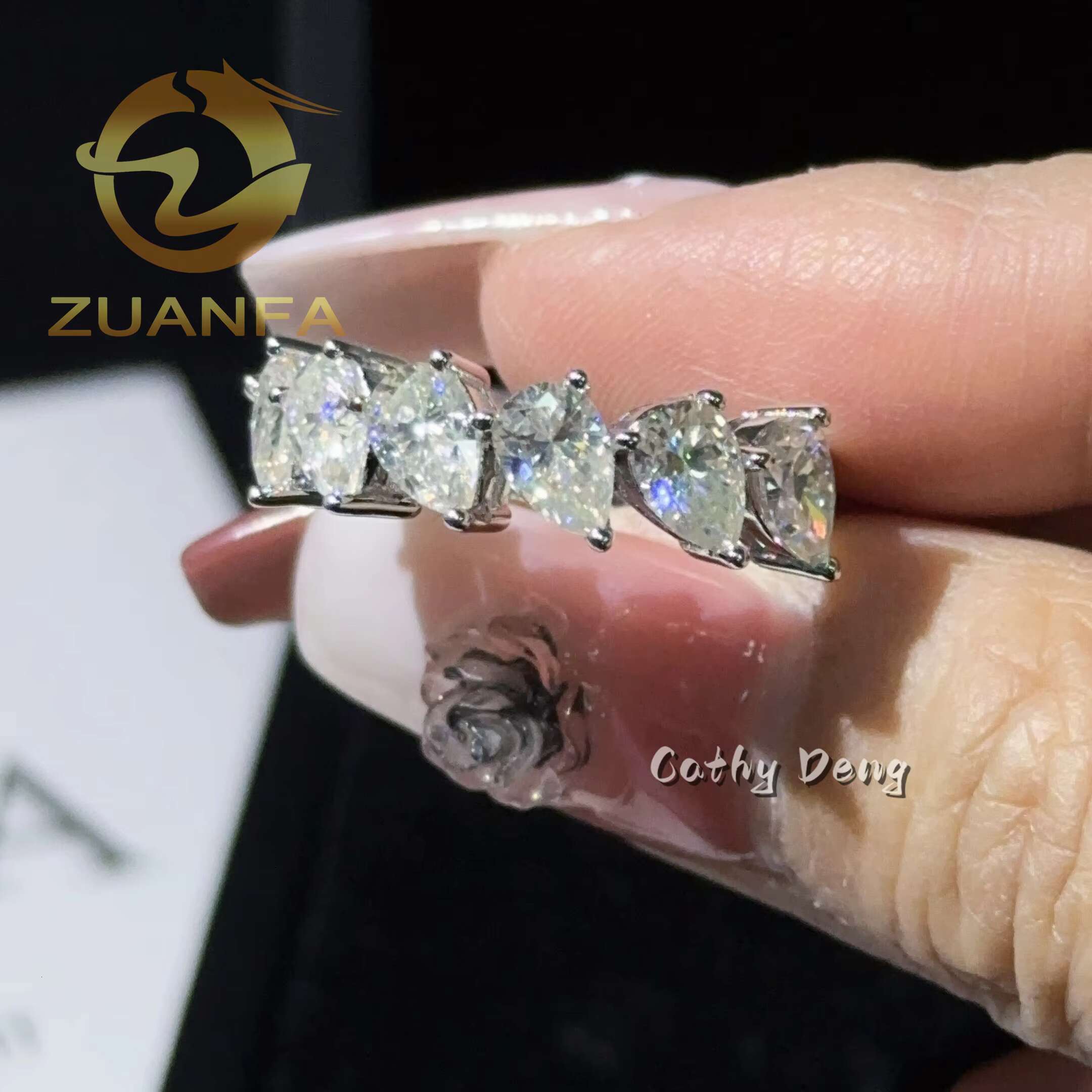 Iced Out Jewelry Pear Cut Half Eternity Ring for Women 18k White Gold Plated Moissanite Rings 925 Silver Women Pear Ring