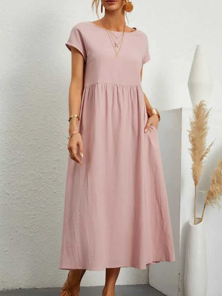 Womens Casual White Short Sleeve Midi Dress Summer Round Neck Cotton And Linen Vintage Loose Long Dresses With Pockets Y2KXJ250514
