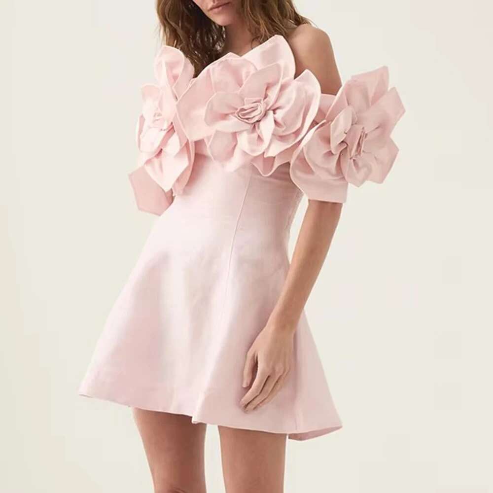 TWOTWINSTYLE Solid Spliced 3D Flower Tunic Dresses for Women Slash Neck Off Shoulder High Waist Patchwork Zipper Dress Female