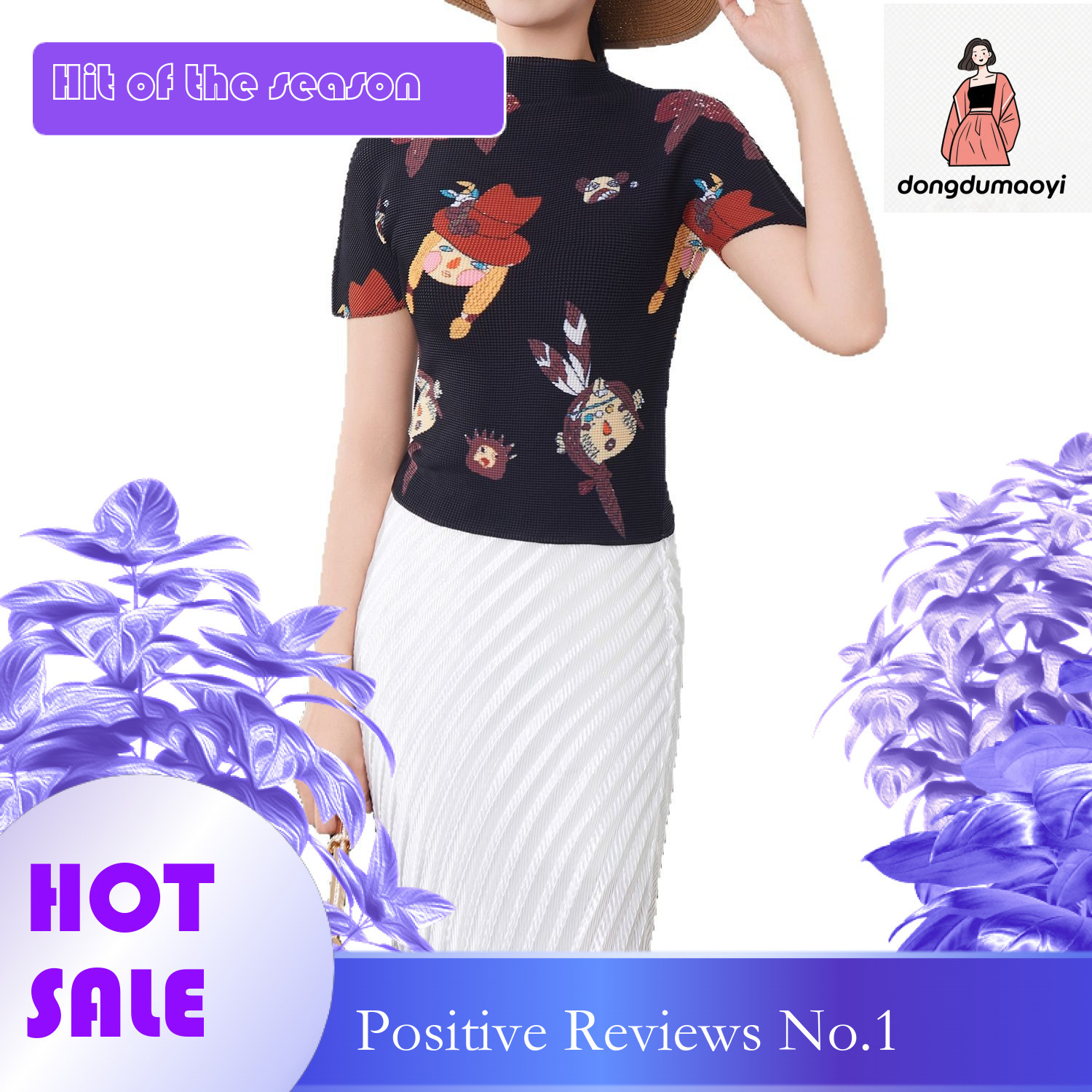 dongdumaoyi Miyake Fashion Folded Top Summer New Cartoon Elastic Versatile Half High Collar and Slimming Short Sleeve T-shirt for Women