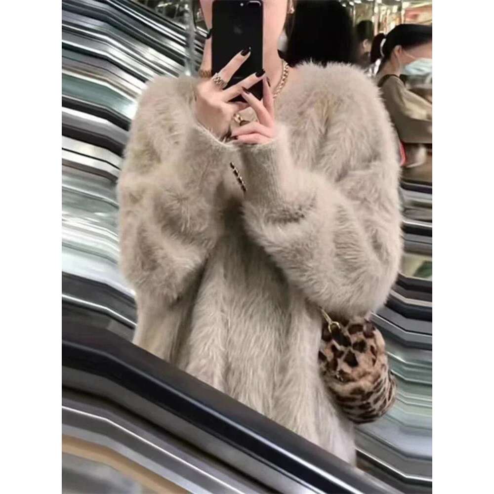 Autumn Winter Mink Fleece Sweater Women's Knitted Pullovers Thick Loose Casual Outerwear Solid O Neck Oversize Jumpers Women