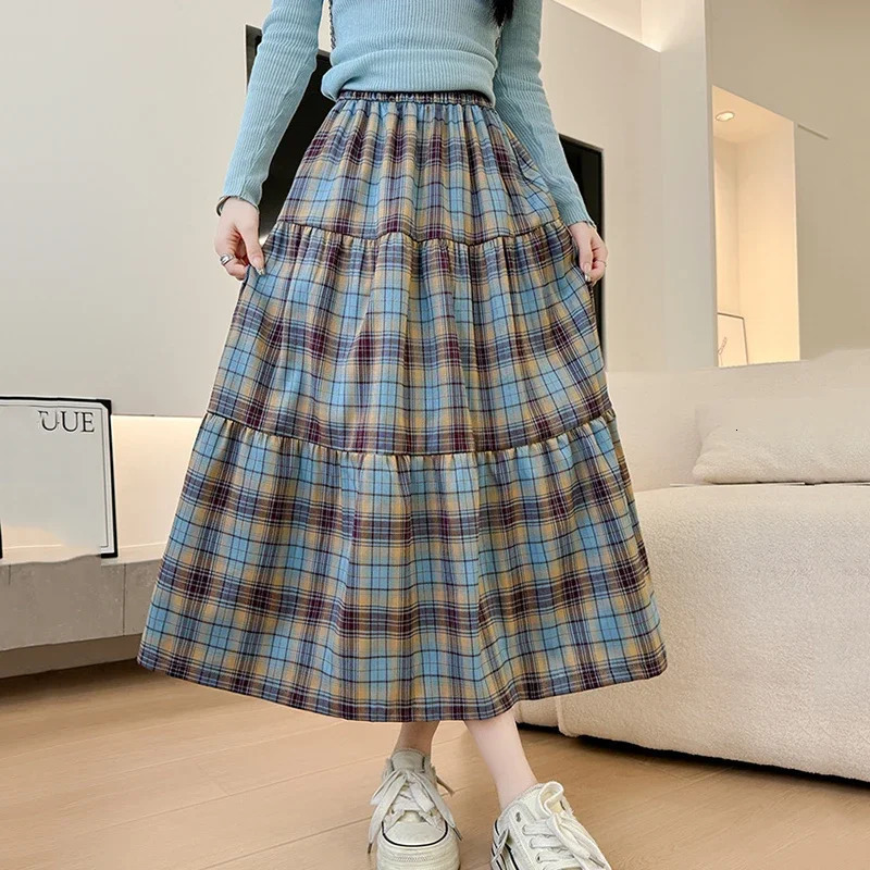 Japanese Vintage A Line Plaid Skirts Women Summer High Waist Patchwork Long Woman Midilength Umbrella Skirt Female 250514