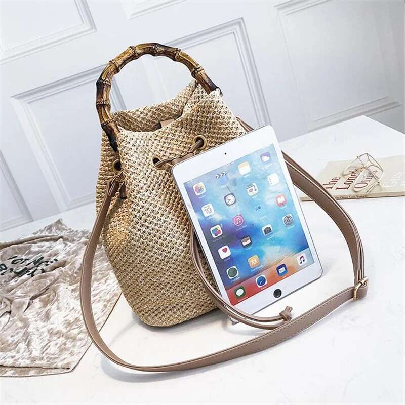 Summer Straw Handbag Women Rattan Handmade Bucket Large Capacity Shoulder Woven Messenger Hard Top-Hanlde Beach Bag