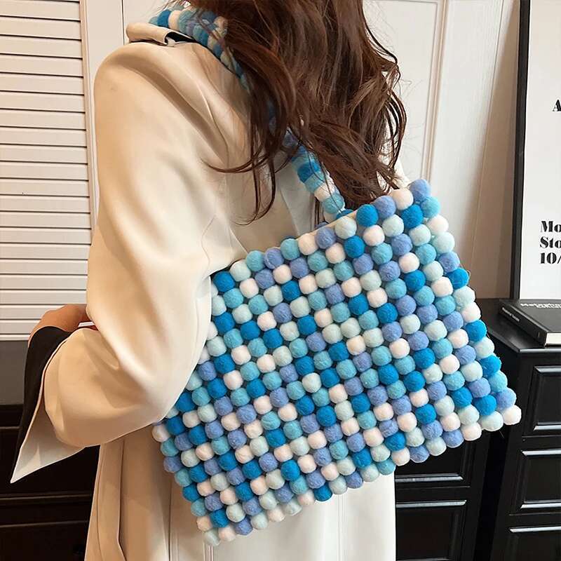 2024 New Woven Colorful Fluffy Ball Women Fashion Large Capacity Weave Tote Casual Shoulder Bag Female Handbag