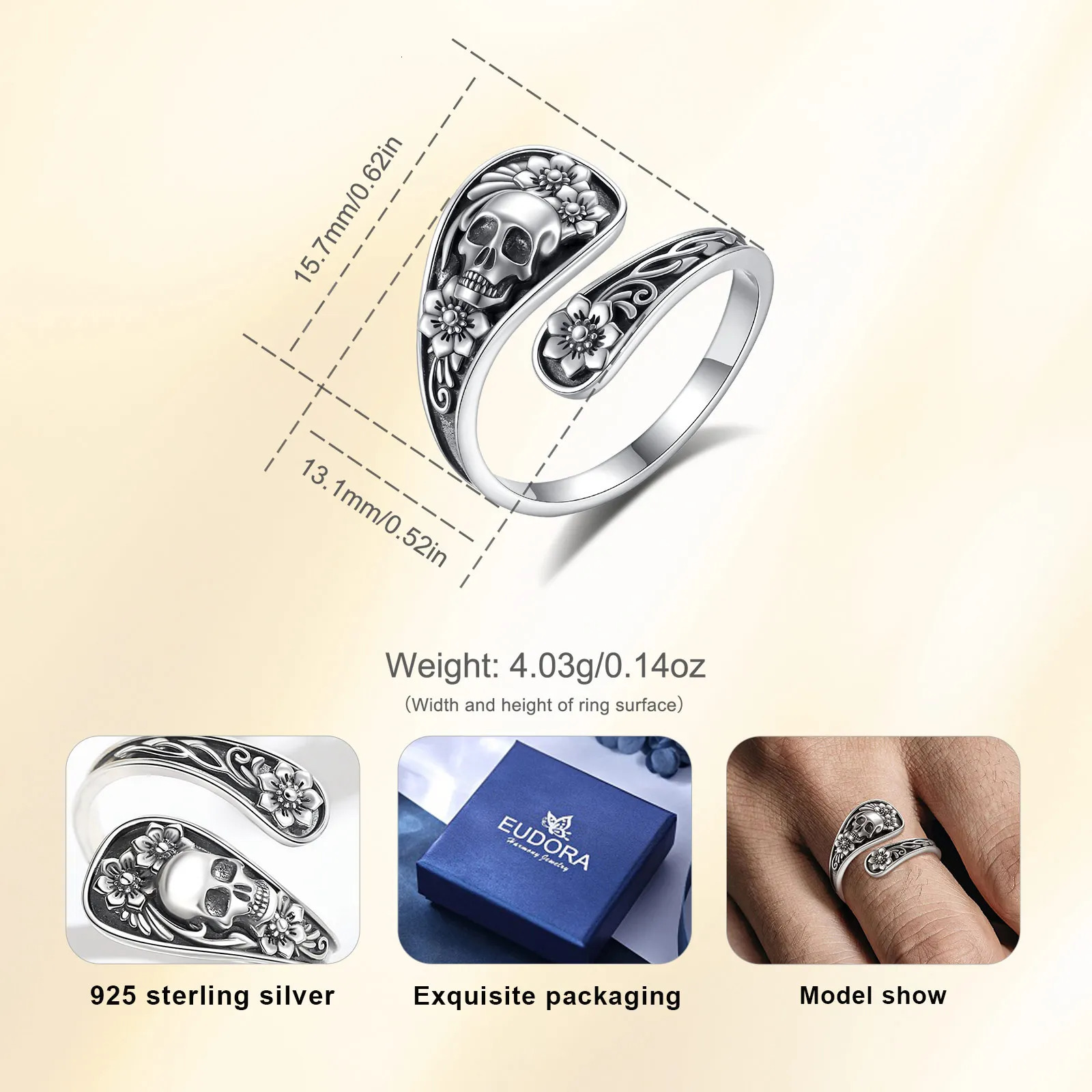 Eudora 925 Sterling Silver Gothic Skull Spoon Adjustable Ring Rose Flower Skeleton Ring Personality Jewelry Gift for Women Man 250509
