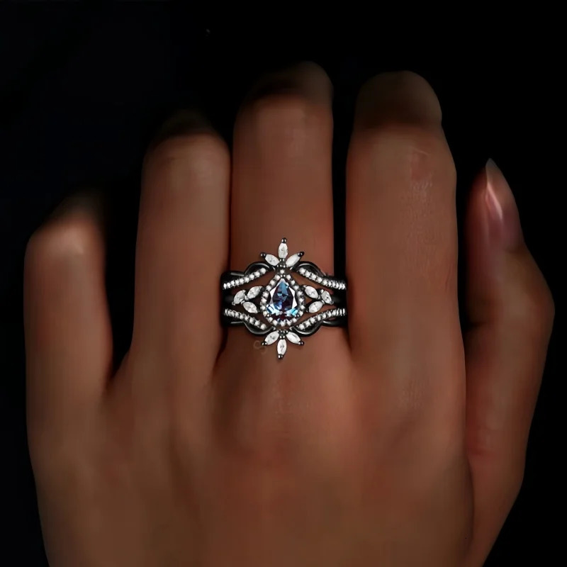 3 Piece Retro Gun Plated Black Ring Micro Black Zircon Irregular Couple Engagement Ring Set 250509