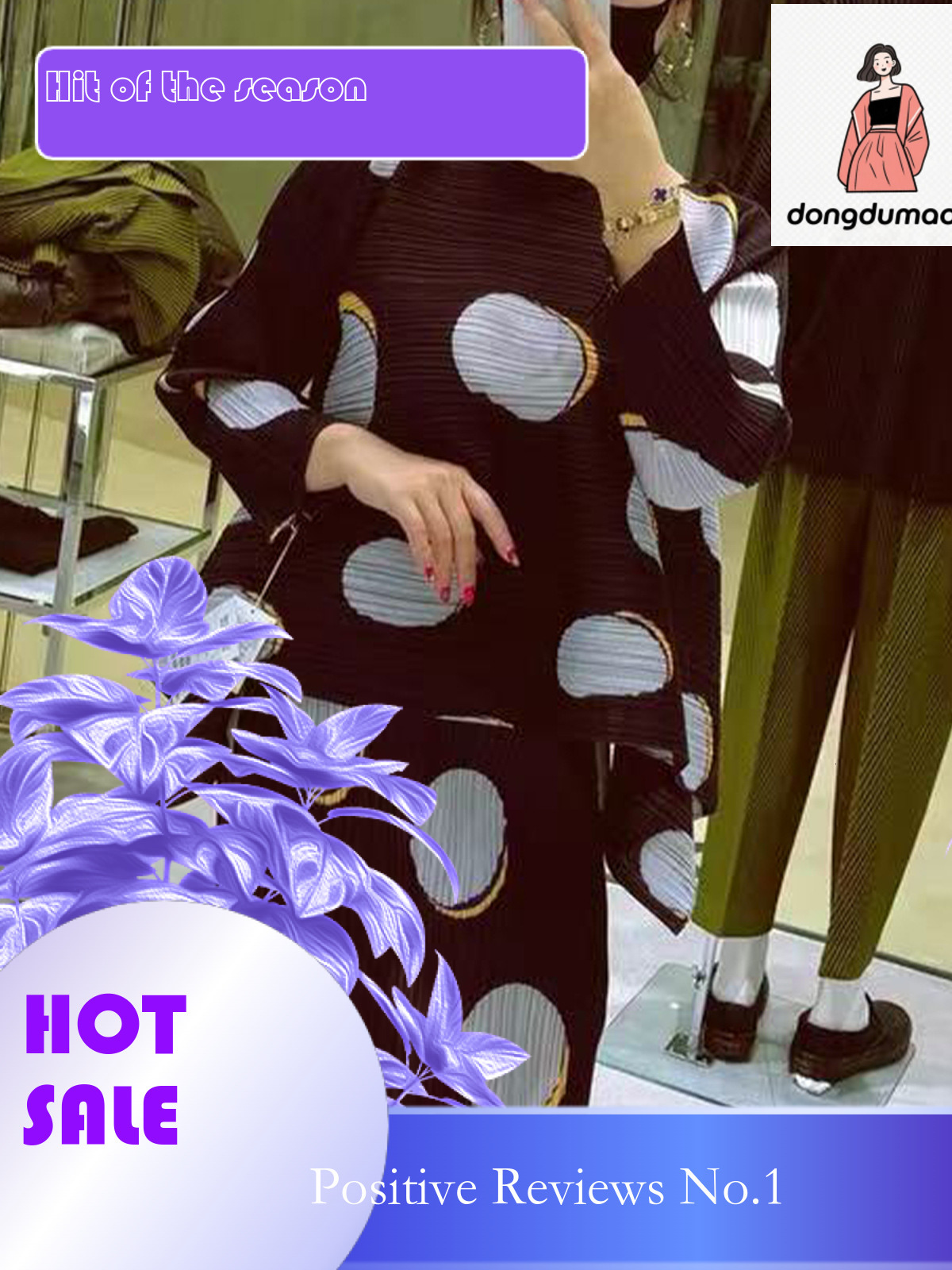 dongdumaoyi Miyake's new Fudou printed western-style slimming polka dot pleated top with spring fashion round neck and loose T-shirt sleeves for 