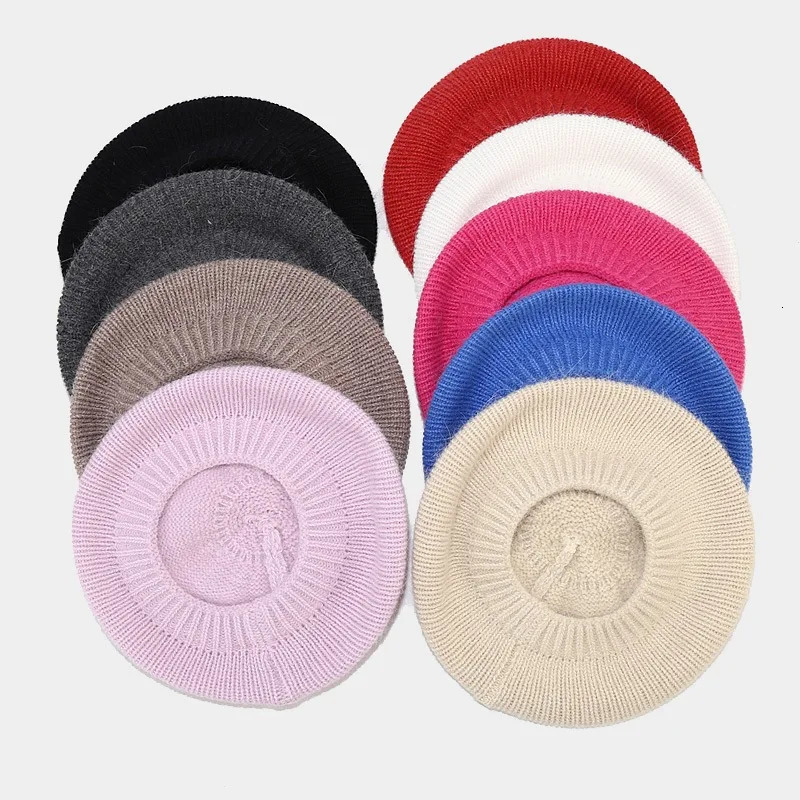 Simple Women Rabbit Fur Knitted Beret French Fashion Artist Winter Warm Beanie Hat Vintage Plain Solid Solor Painter Skull Cap 250514
