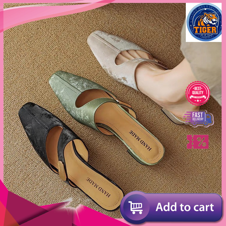 Ddmytiger Chinese Style Baotou Half Slippers For Women New Summer Square Headed One Step Thick Heel Sandals With Hollow Embroidered High Heels Outdoor