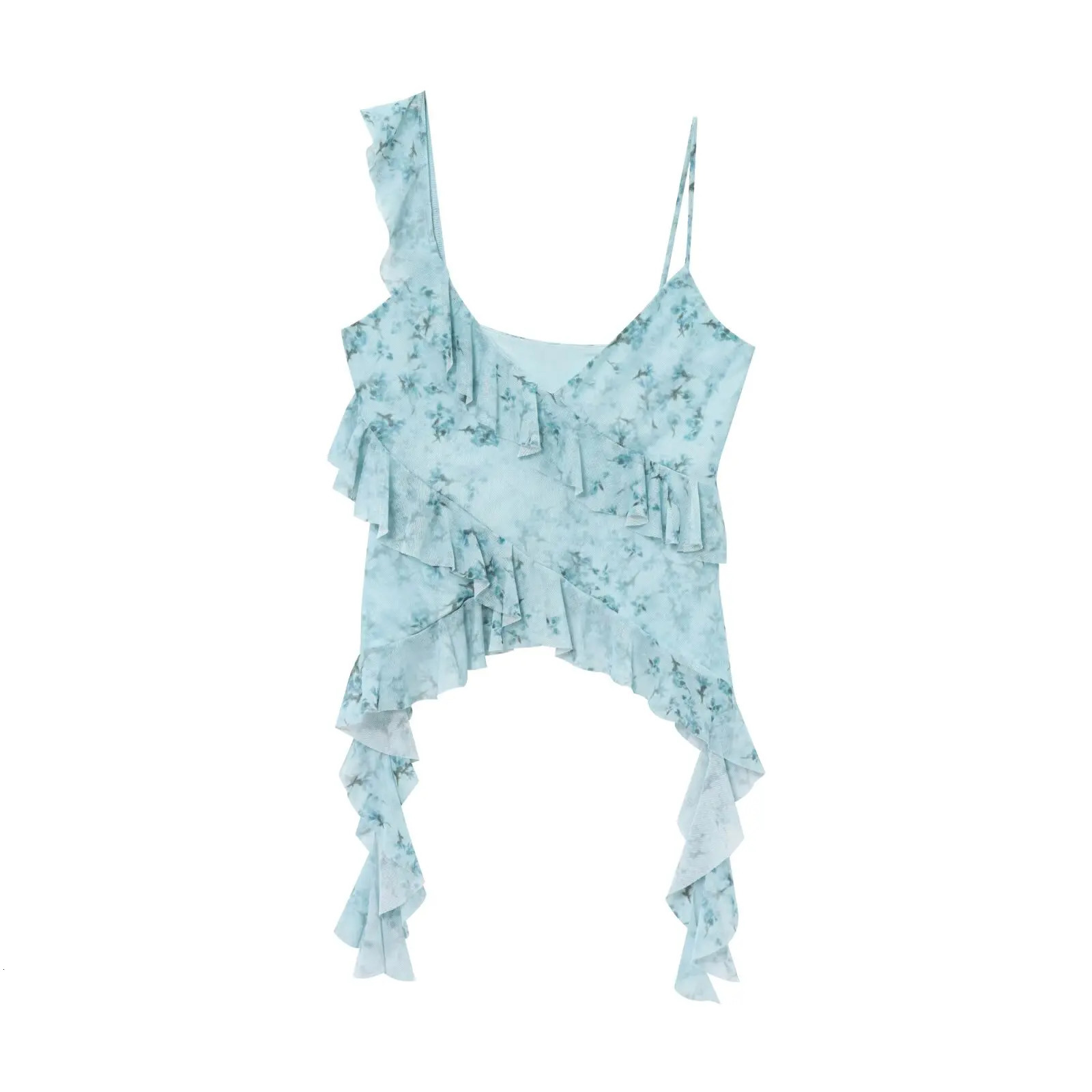 Zevity Women Sexy V Neck Cascading Ruffles Print Mesh Sling Smock Blouse Female Asymmetrical Summer Shirt Chic Tops LS9076 250514