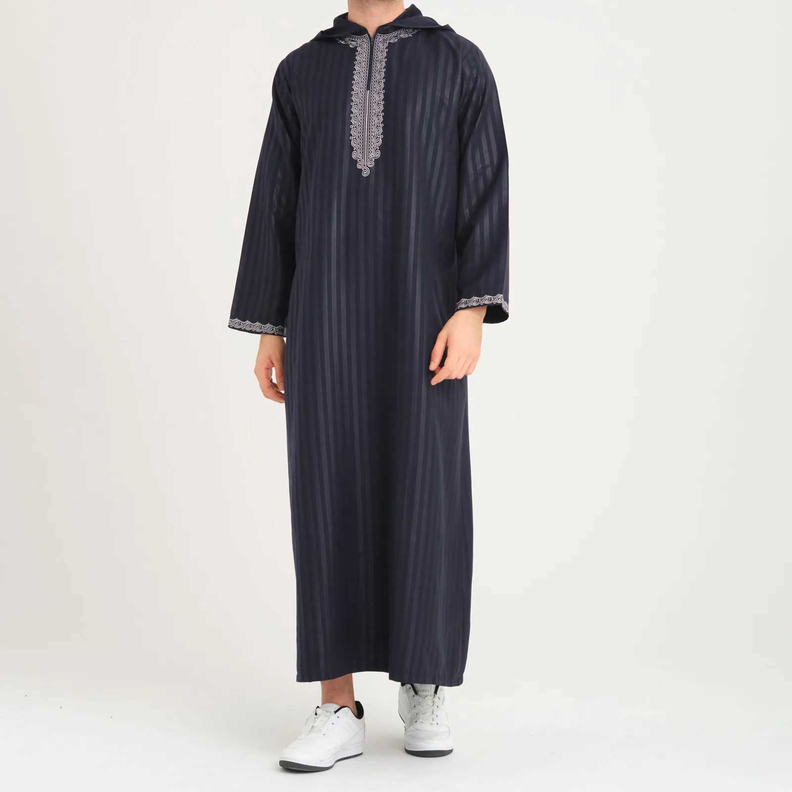 2025 Stripe Hooded Djellaba For Men Kaftan With Pockets Muslim MenS Thobe Morocco Thobes Islamic Clothing Robe Abaya X250514