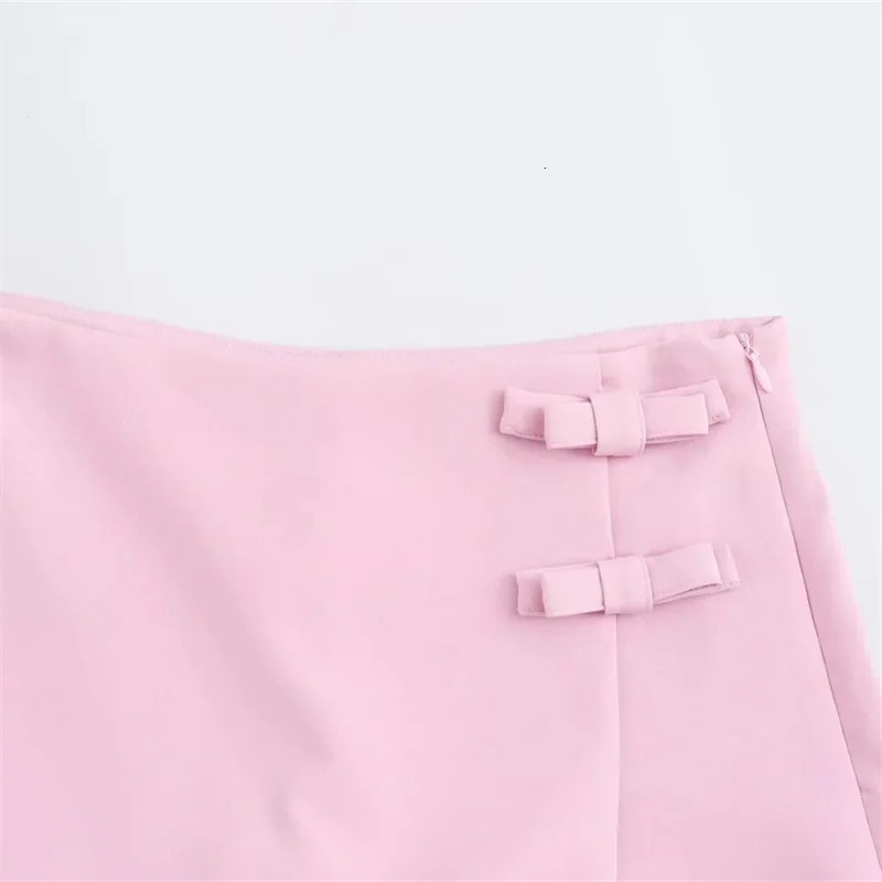 TRAF Pink White Mini Skirt Woman Fashion Bow Skort For Women Summer Slit Short Split High Waist Shorts 250514