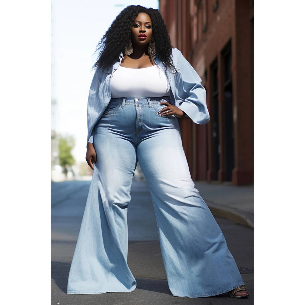 Plus Size Womens Denim Suit Light Blue Spring And Summer Shirt Collar Long Sleeve Fashion Tops Bottoms TwoPiece 250506
