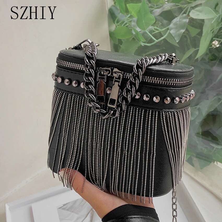 Designer Cylinder Bag Ladies Fashion Rivet Shoulder Bags Fringed Small Mobile Phone Crossbody Purse Summer Chain Borse