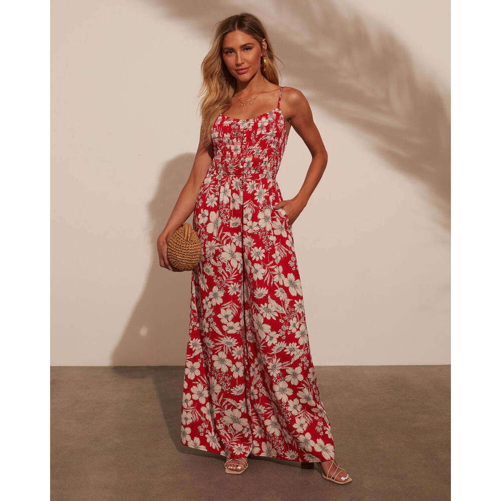 Designer Dresses Goth Dresses Summer Dresses for Women 2025 New Womens High Waist Vacation Style Flower Printed Strap Jumpsuit for Women