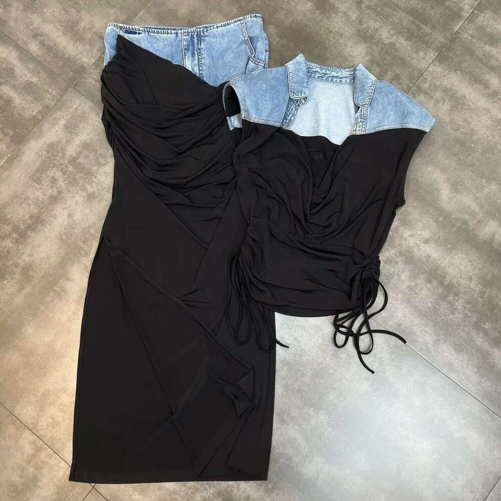 Getspring Women Dresses Deep V Neck Sleeveless Drawstring Denim Ed Vest High Waist Split Long Skirt Two Piece Sets