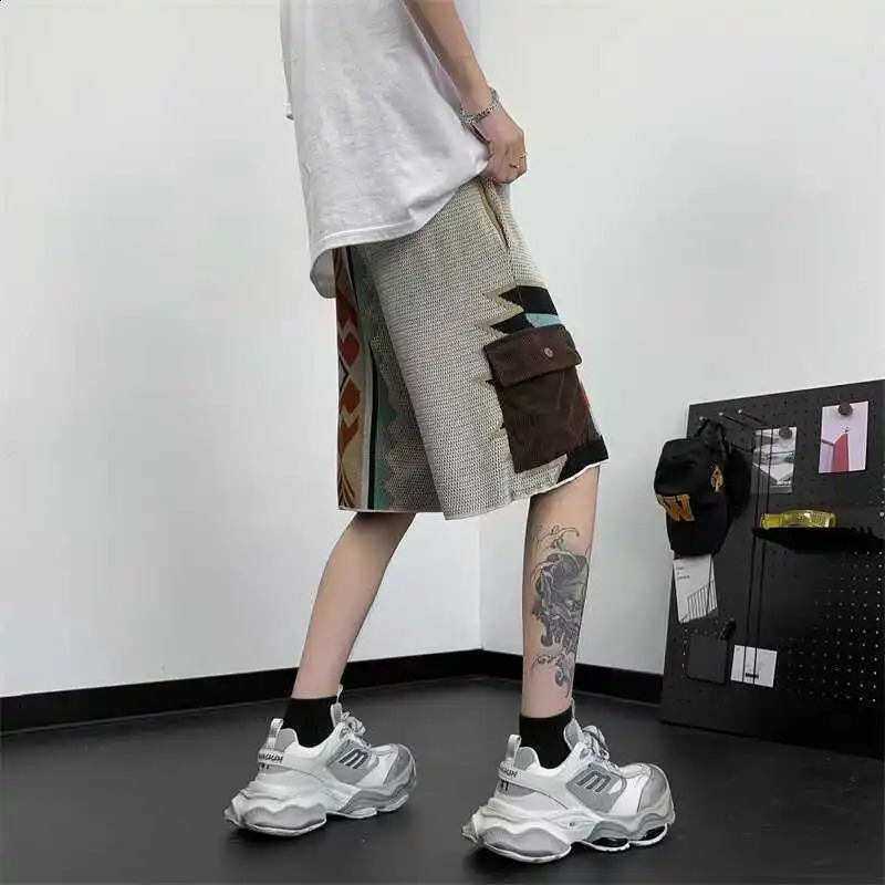 American Vintage Patchwork Knit Shorts For Men Navajo Embroidery Geometric Knitting Short Pant Summer Oversize Loose Shorts Fat 250513
