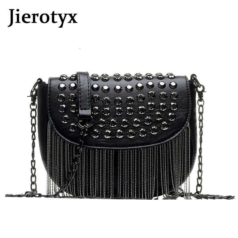 JIEROTYX Original Design Women Leather Dias Bags Sexy Rivet Shoulder Bag Lady Small Black Tassel Chains