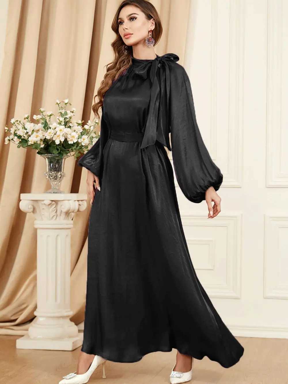 Elegant Tie Neck Abaya Lantern Slve Maxi Dress Women Muslim Moroccan Kaftan Ramadan Jalabiya Islam Dubai Arabic Kaftan Robes X250514