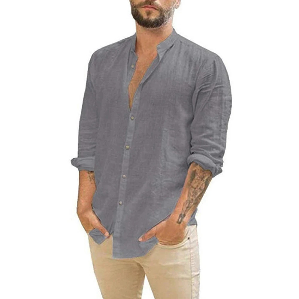 Cotton Linen Mens LongSleeved Shirts Summer Solid Color StandUp Collar Casual Beach Style Plus Size 250514