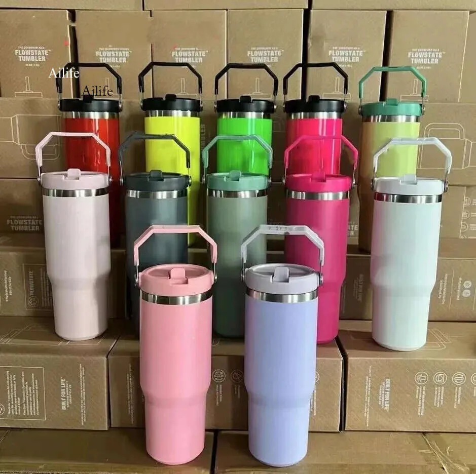 Tumblers Wholesale US STOCK 30Oz Stainless Steel Tumblers With flip Straw Handle Outdoor Large Capacity Car Mugs