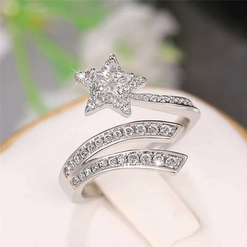 925 Sterling Silver Star Rings for Women Full Crystal Cubic Zirconia Resizable Opening Rings Daily Wear Fashion Jewelry GiftsXJ250514