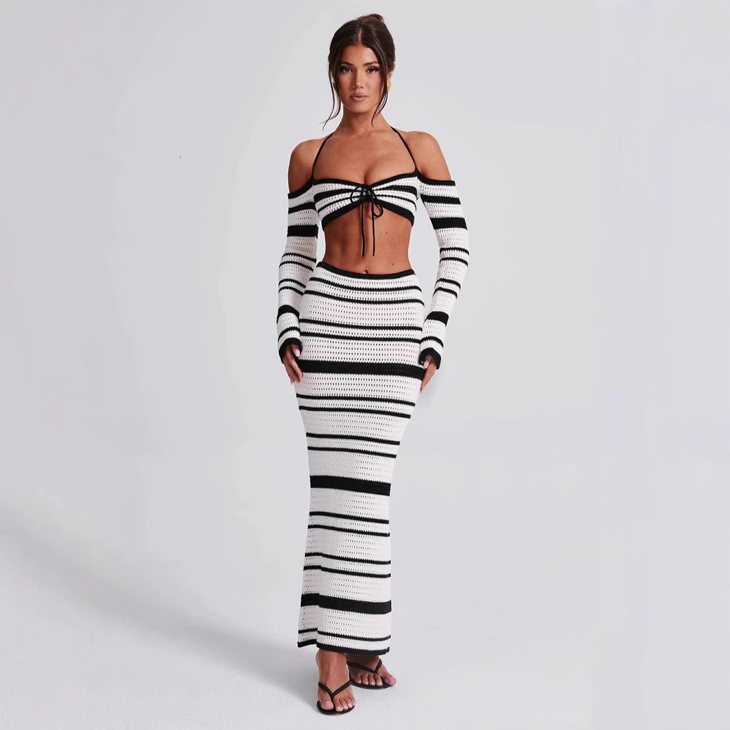 2025 new spicy girl womens suit summer striped long sleeved hanging neck top half skirt two-piece set for women