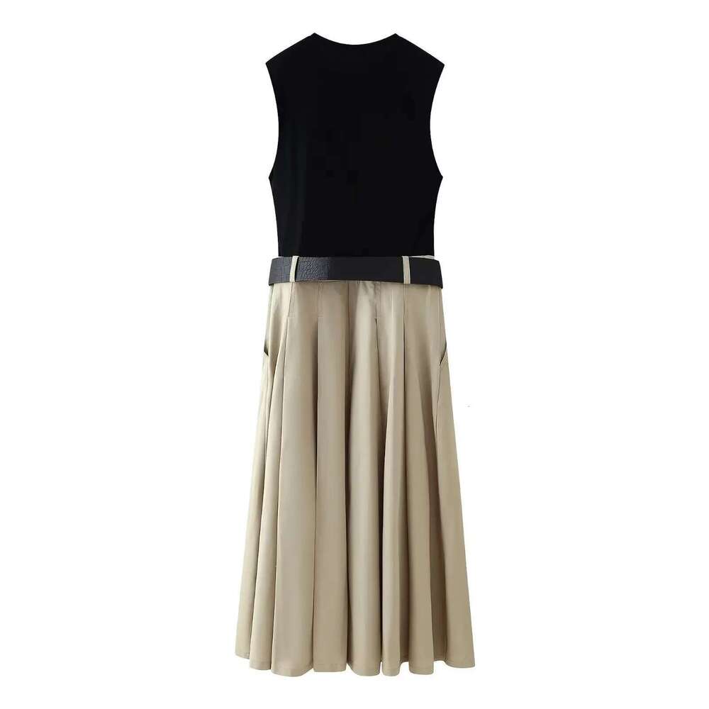 ZBZA Women's Belted Dress Round Neck Sleeveless Splicing Design A-Line Mid-Length Spring And Summer New Fashion Long Skirt