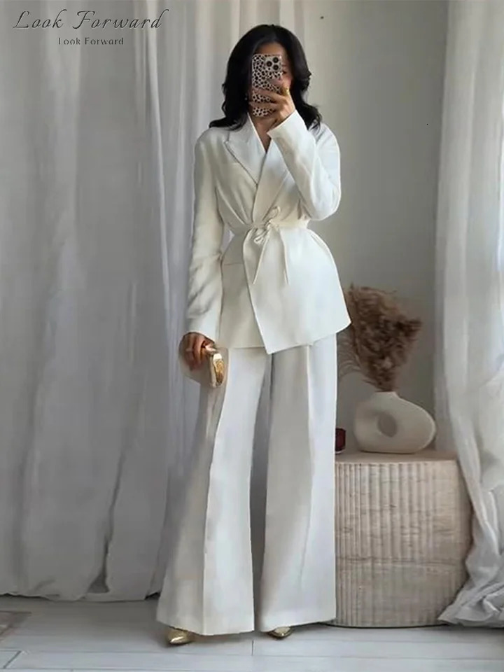 Elegant Blazer Pants Sets Women V-neck Lace up Jacket Full Sleeve Wide Leg Trousers Suit Lady Spring Autumn Solid Set Female 250513