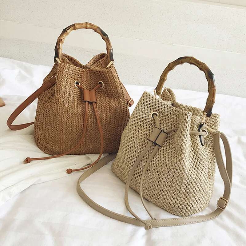 New Women's Bohemian Crossbody Bag Drawstring Straw Woven Bucket Bags Female Rattan Wicker Bamboo Handle Beach Handbags