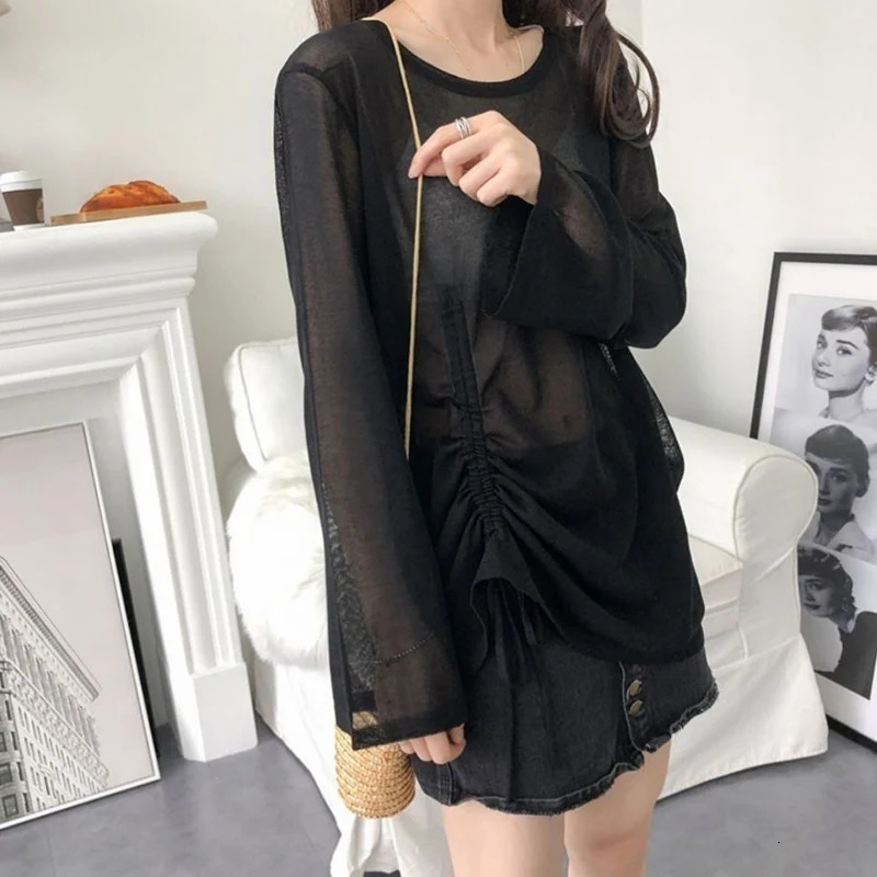 Rimocy Women Ice Silk Sunscreen T Shirts Summer Fashion Drawstring Loose Tops Woman Slightly Transparent Long Sleeve Tees Female 250514