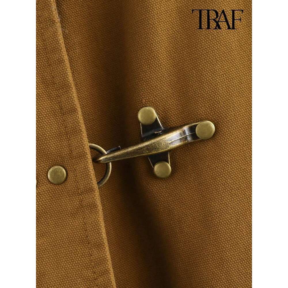 TRAF Women's Fashion Retro Clashing Lapel Patchwork Autumn Winter Street Casual Loose Long Sleeve Pocket Jacket