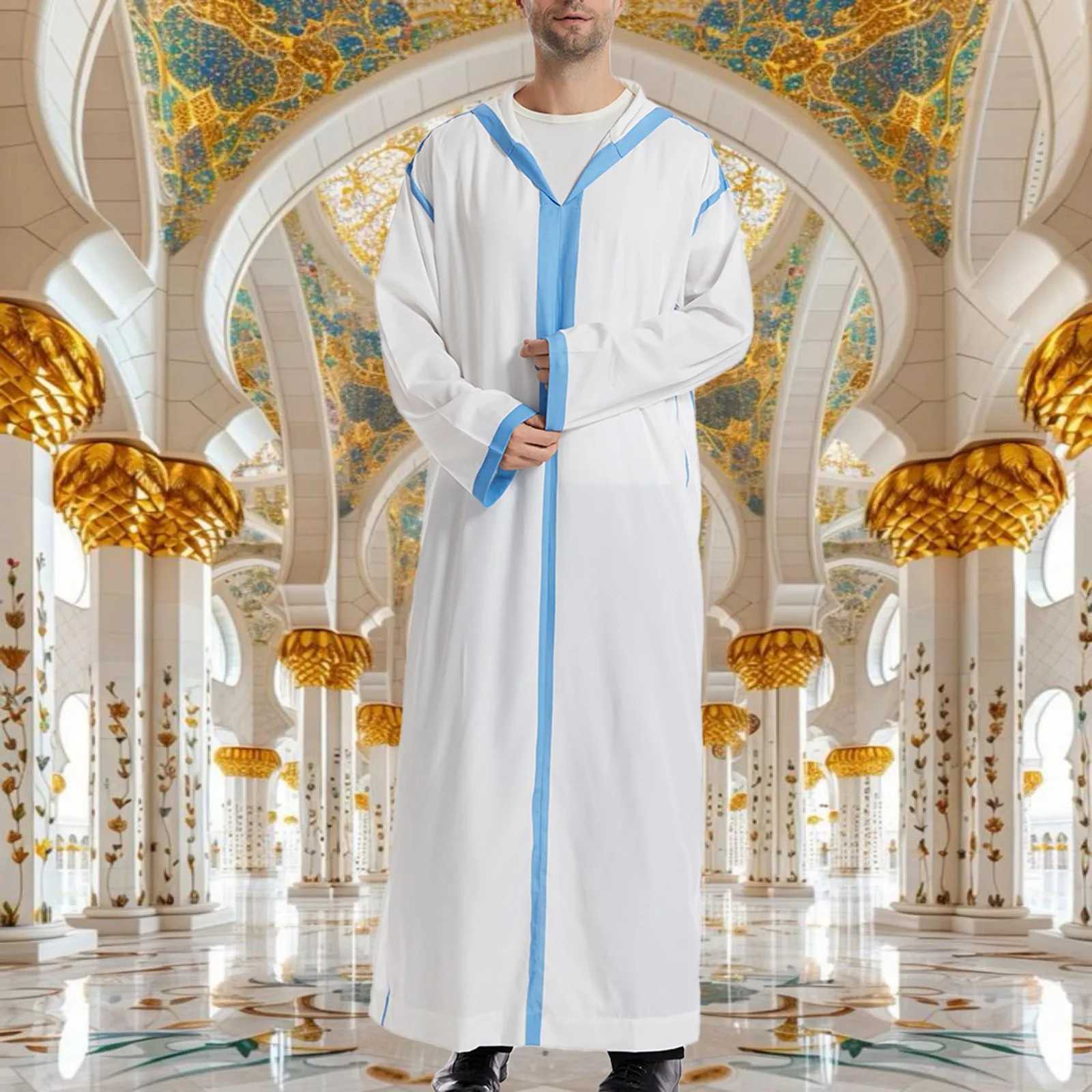 MenS Islamic Clothing Hooded Robe Long Sleeve Pocket Colour Block Ethnic Costume Dubai Abaya MenS New Style Muslim Jubba Thobe X250514