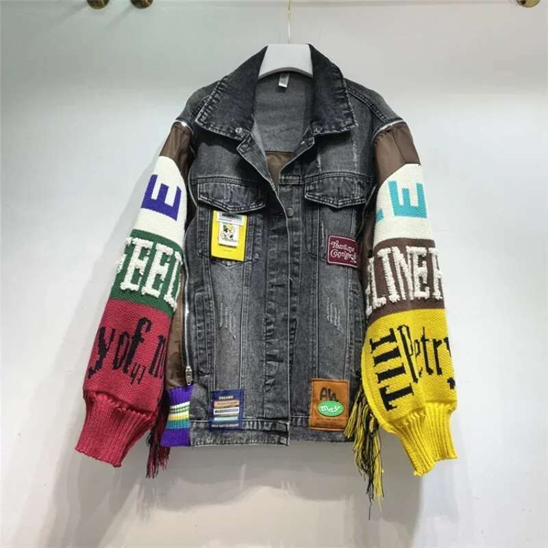 Women Letters Badges Embroidery Denim Coat Knit Spliced Sleeve Sweater Tassels Jeans Jacket Streetwear Cardigan Tops Chaquetas