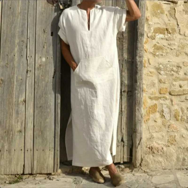 Ew Spring and Summer Models Men Muslim Style Mens Robe Simple Solid All-match Small V-neck Linen Comfortable Short Sleeve Robe X250514