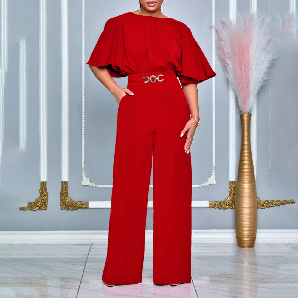 Women's Wear Women's Wear Women's Summer Fashion Round Neck Solid High Waist Large Size Wide Leg Jumpsuit