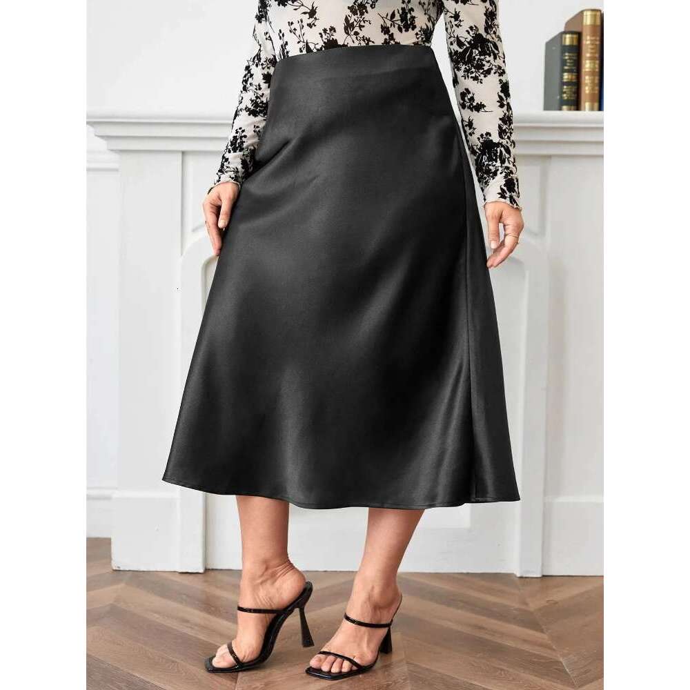 A Line Plus Size Skirts for Women High Waist Zipper Satins Big Swing Outfit Autumn Trendy Elegant Simple Fashion Clothing