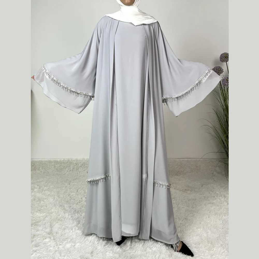 Muslim Women Chiffon Kimono Open Abaya Maxi Dress 2 Piece Matching Set Dubai Kaftan Ramadan Islam Clothing Ka Jalabiya Robe X250514