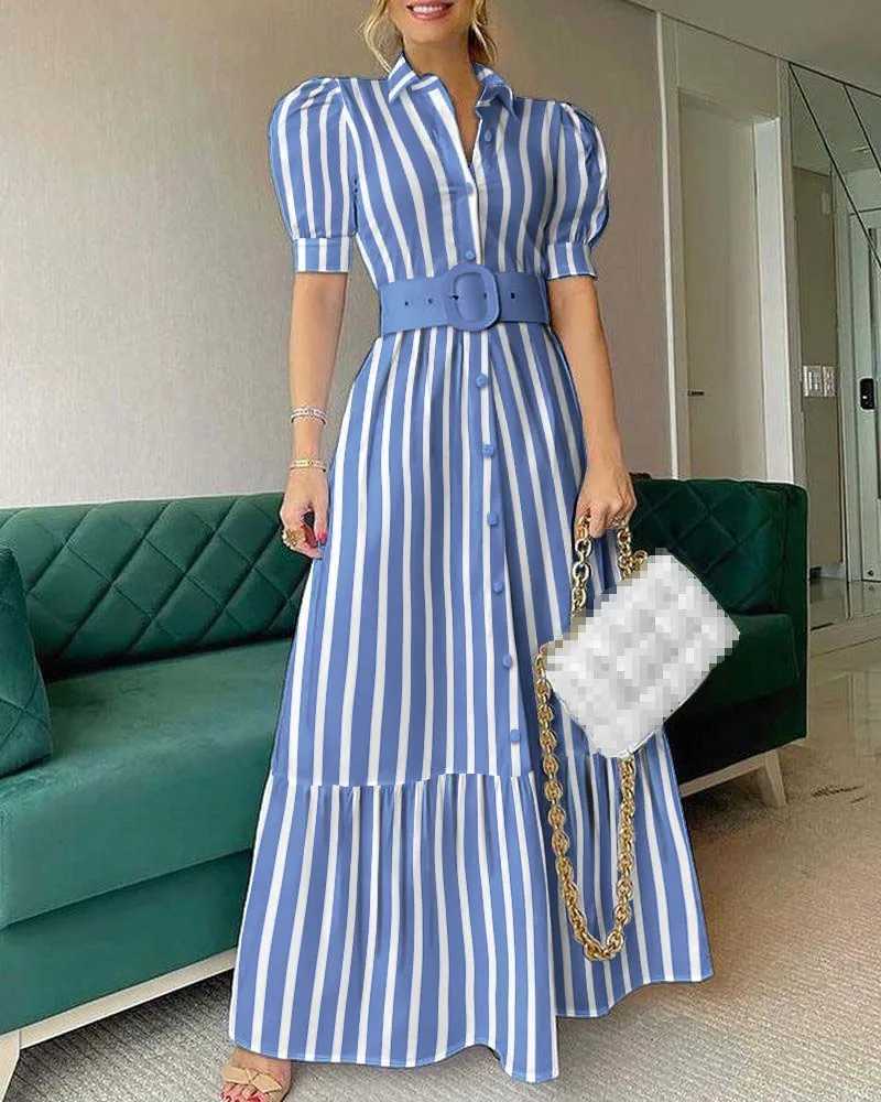 Party Belt Dresses For Women 2025 Spring Summer Fashion Elegant Stripe Print Short Sleeve Long Dress Lady High Waist Shirt DressXJ250514