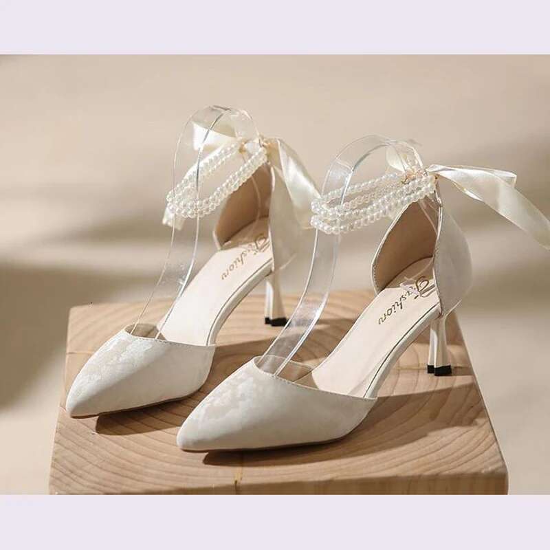 Spring/Summer New Small Fragrant Wind Pointed Pearl Versatile Thin High Heels Hollow Women'S Single Shoes