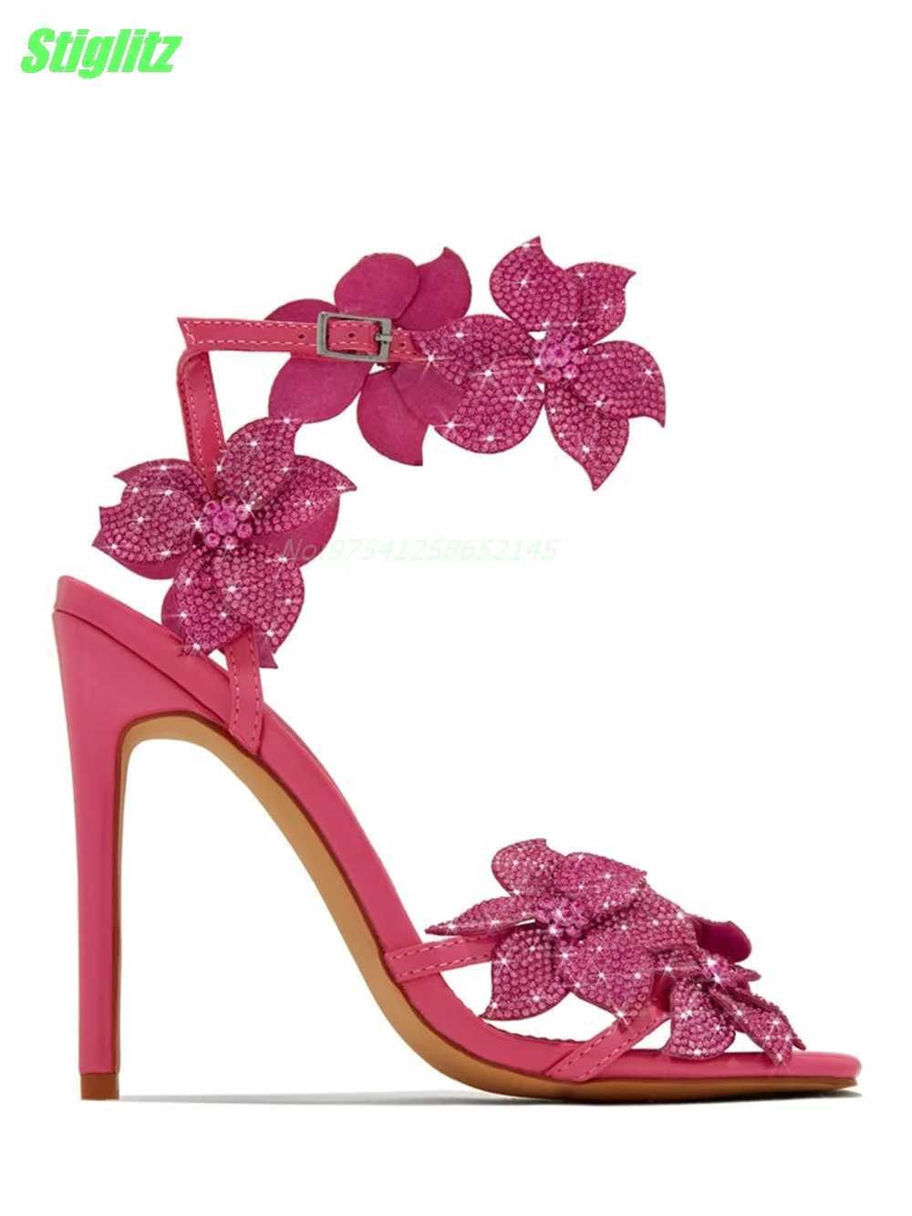 Flower Rhinestone Women Sandals Pink Square Toe Party Thin High Heel Strappy Summer Women Shoes New Arrival Buckle Strap 2024 W250514