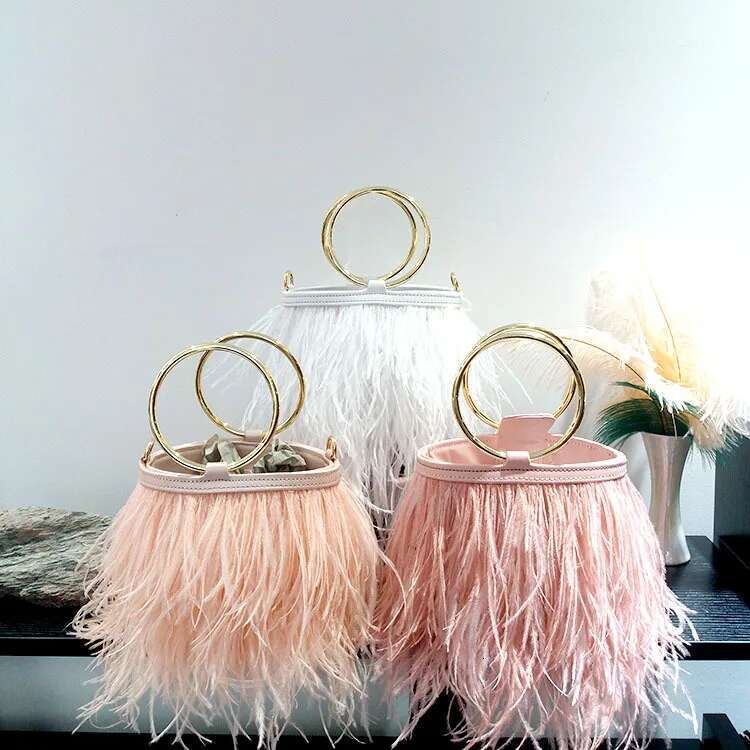 Real Ostrich Feathers bucket bag Handbag Evening Bags Women's Pink Green Dia Clutch Party Messenger Bag For Ladies
