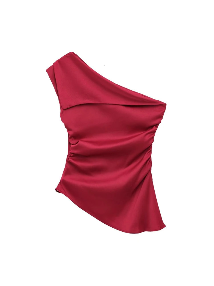 TRZA Womens Asymmetric Draped Blouse One Shoulder Side Zipper Chic Fashion Top Female Shirt 250514