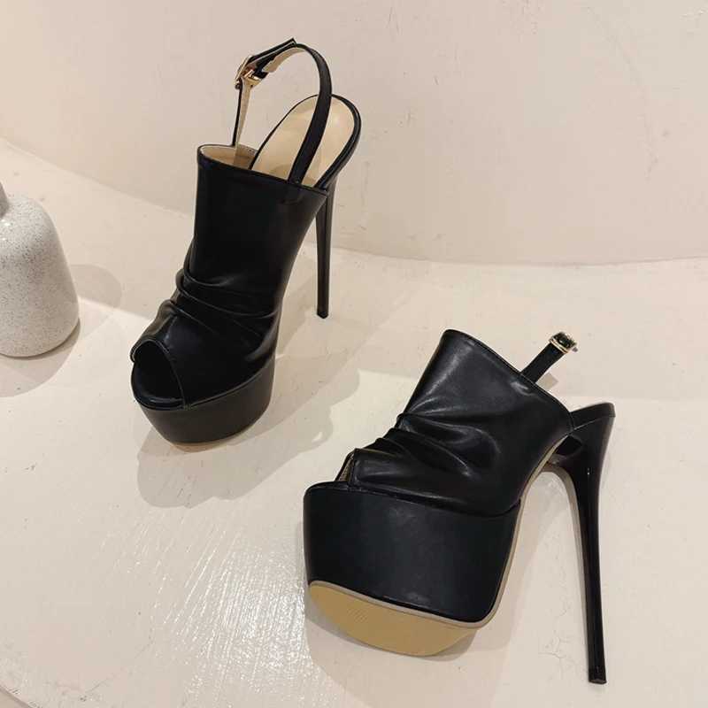 Likes Summer Cozy Pleated Leather Womens Super High Heels Platform Sandals Sexy Peep Toe Party Nightclub Stripper Shoes Black W250514